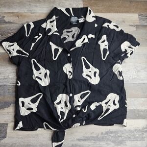 HALLOWEEN Ghost Face Scream Movie Womens Tie Front Blouse Medium Black White